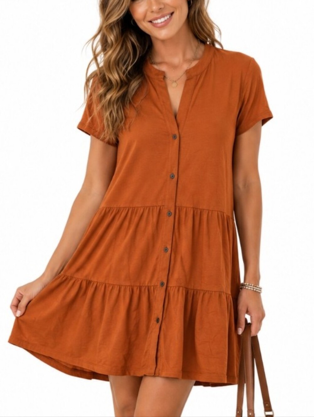 Button-Front Tiered Dress in Rust Large Baby Doll